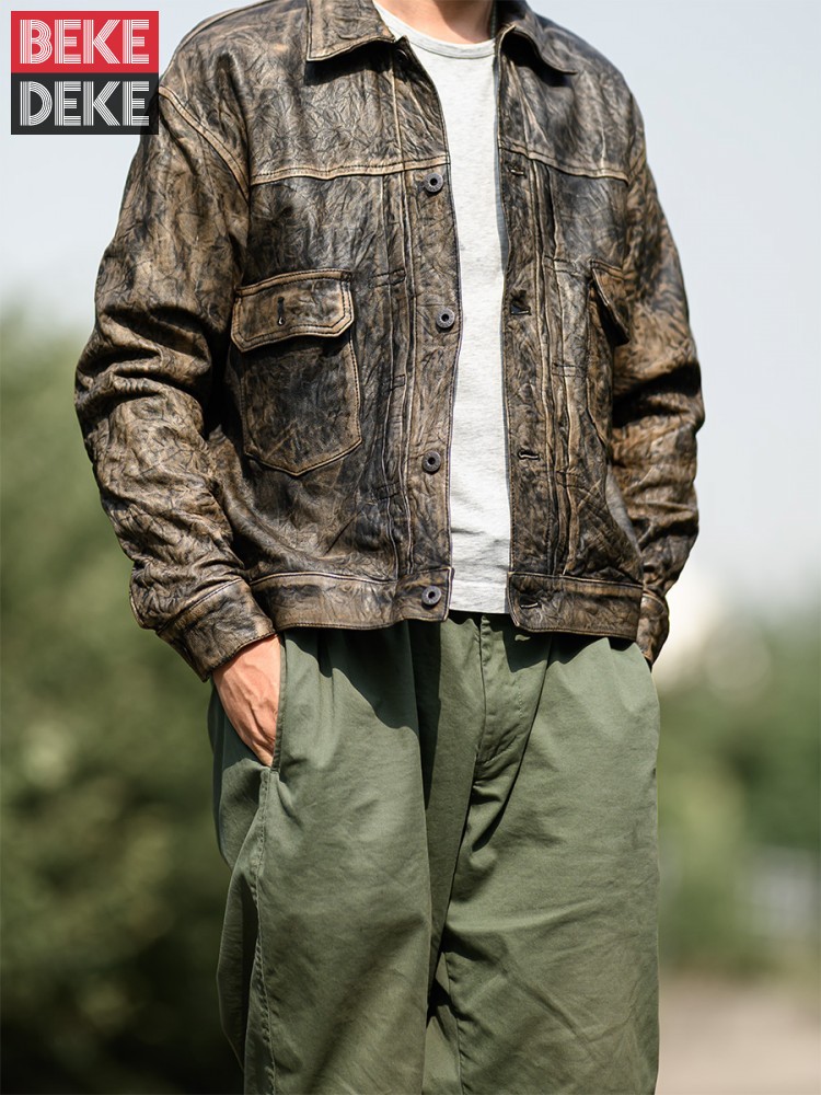 Leather Work Jacket Mens - Винтажная морщинистая куртка из натуральной овчины,